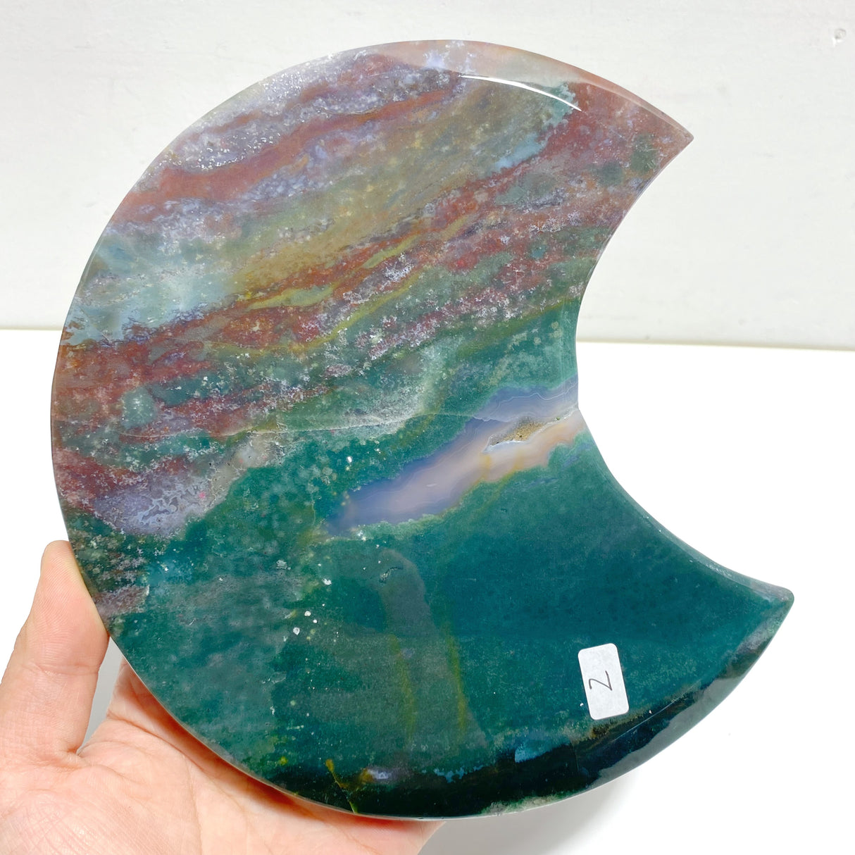 Unique Large Ocean Jasper Moon Carving With Stand