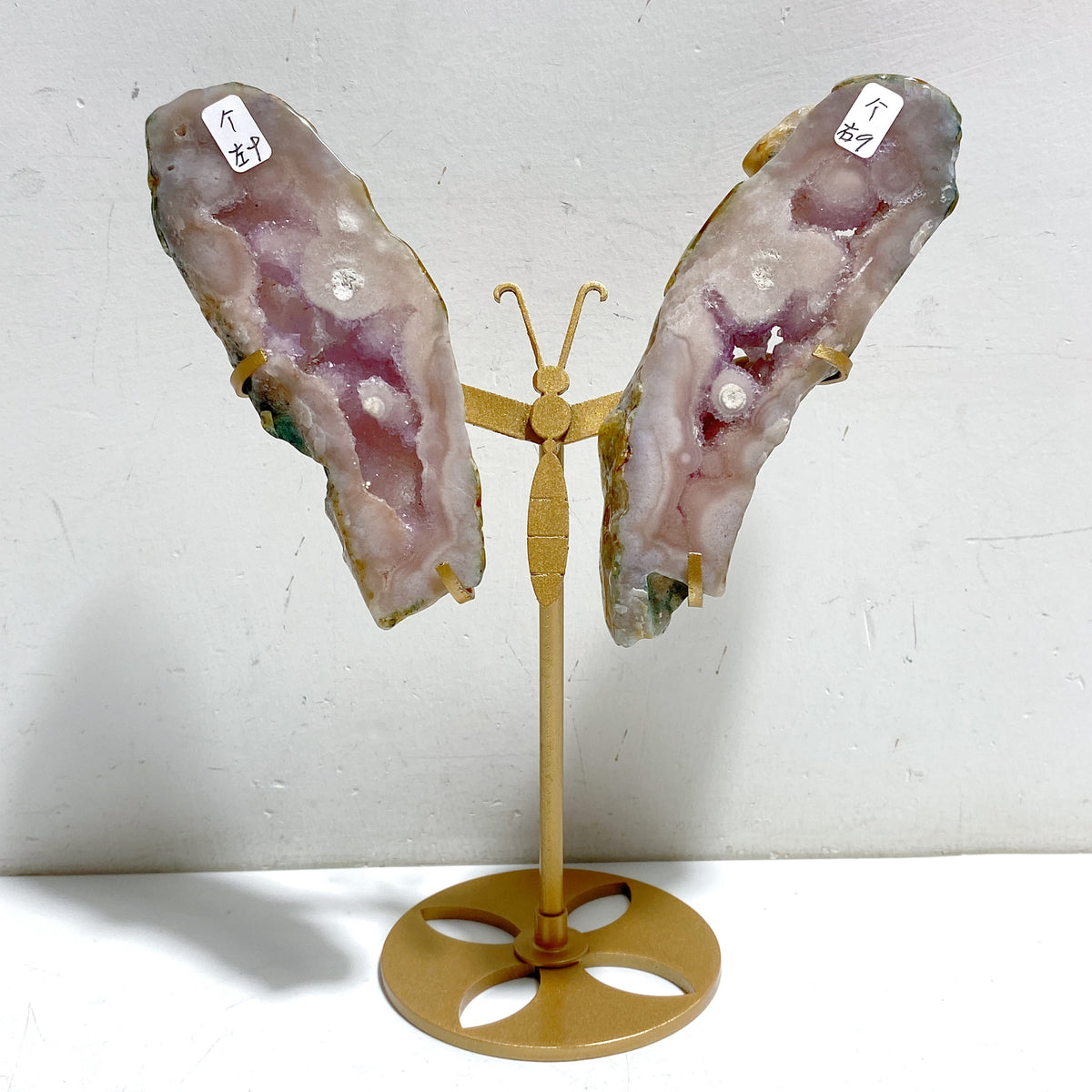 2 Pairs Geode Druzy Pink Amethyst Slab Butterfly Wing Carving With Stand #4