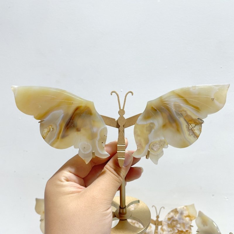 10 Pairs Small Sakura Flower Agate Butterfly Wing Carving With Stand - Wholesale Crystals