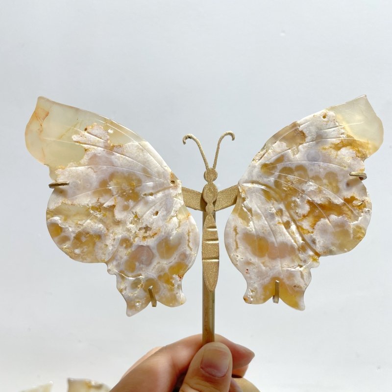10 Pairs Small Sakura Flower Agate Butterfly Wing Carving With Stand - Wholesale Crystals