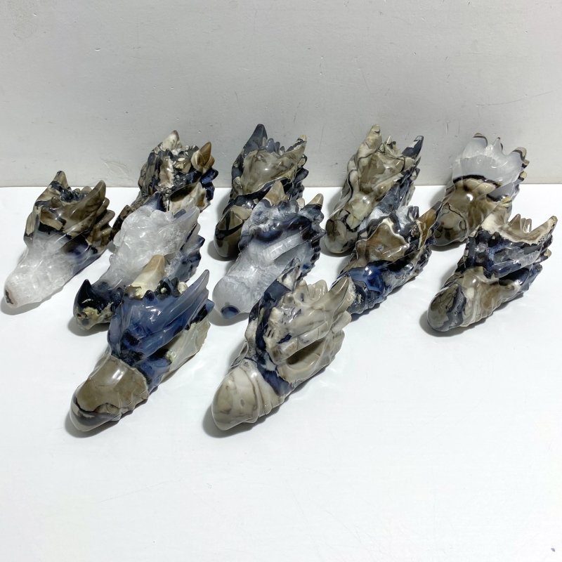 11 Pieces Volcano Agate Dragon Head Carving Closeout (UV-Reactive) -Wholesale Crystals