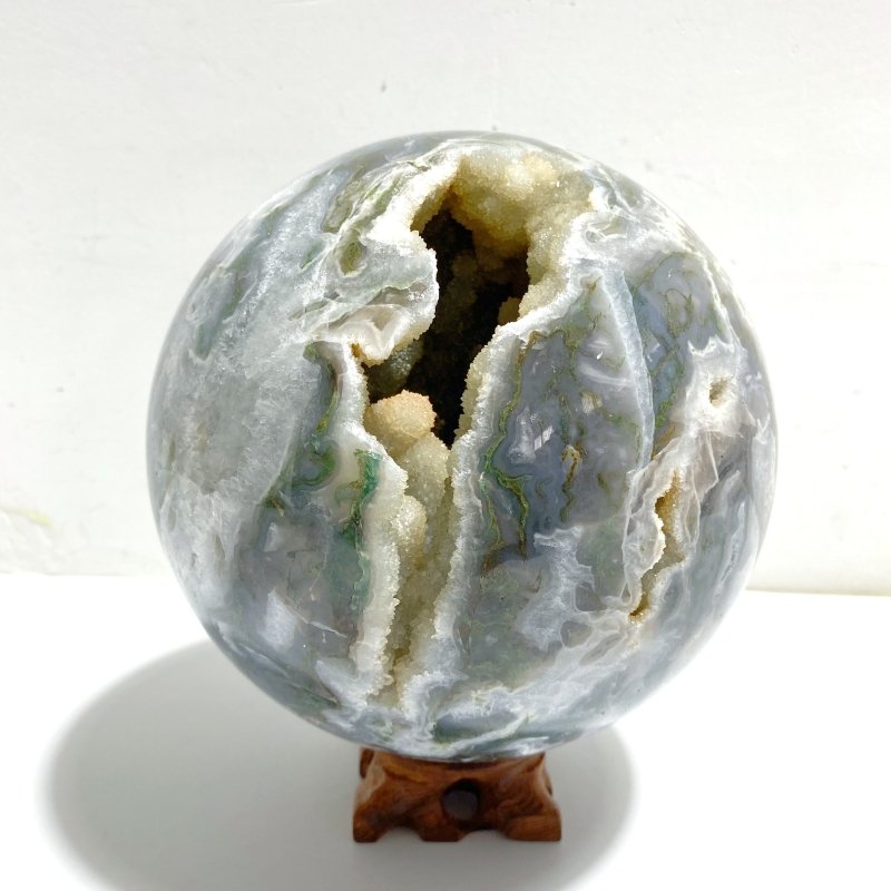 13CM Large Druzy Geode Moss Agate Beautiful Sphere - Wholesale Crystals