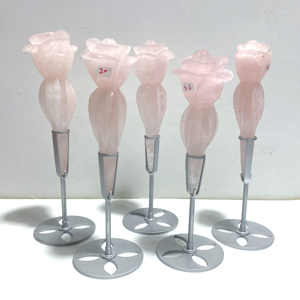 5 Pieces Rose Quartz Flower Carving With Stand