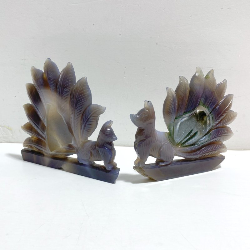2 Pieces Geode Druzy Agate Nine - tailed Fox Carving 7 - Wholesale Crystals