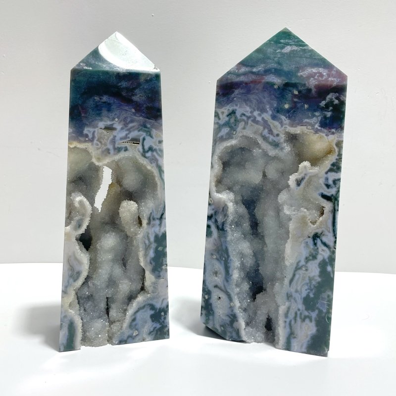 2 Pieces Large Geode Druzy Moss Agate Tower Point - Wholesale Crystals