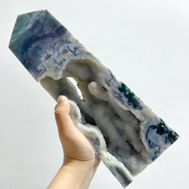2 Pieces Large Geode Druzy Moss Agate Tower Point - Wholesale Crystals