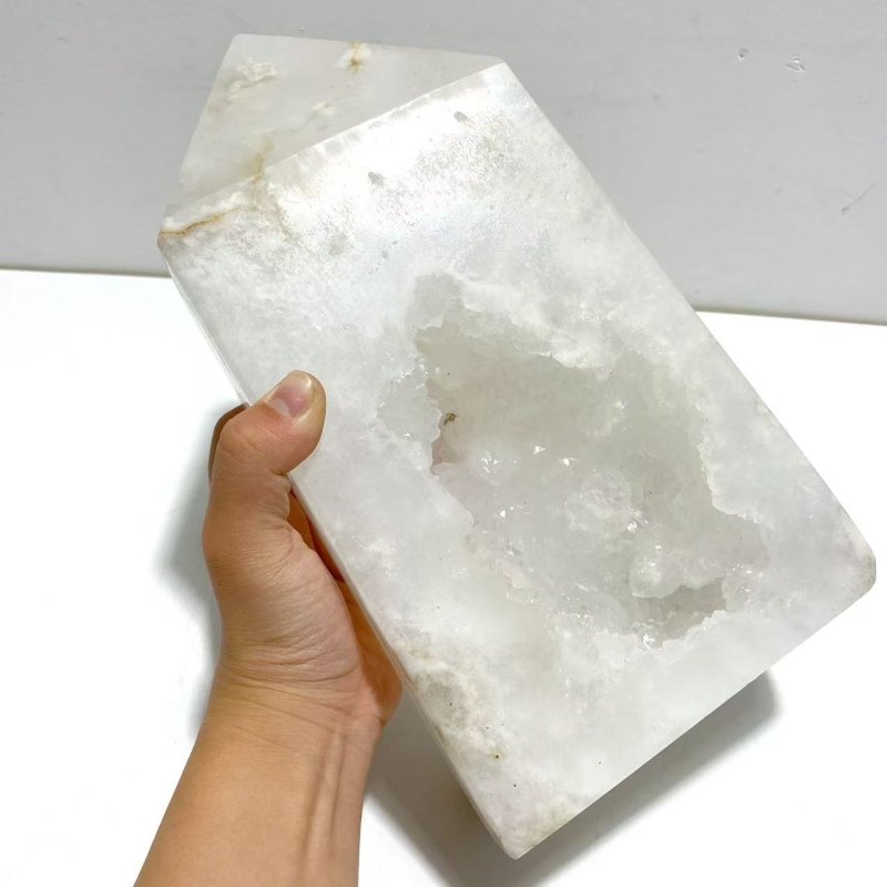 2 Pieces Large Geode Druzy White Moss Agate Four - sided Points - Wholesale Crystals