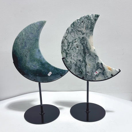 2 Pieces Large Moss Agate Moon Carving With Stand - Wholesale Crystals