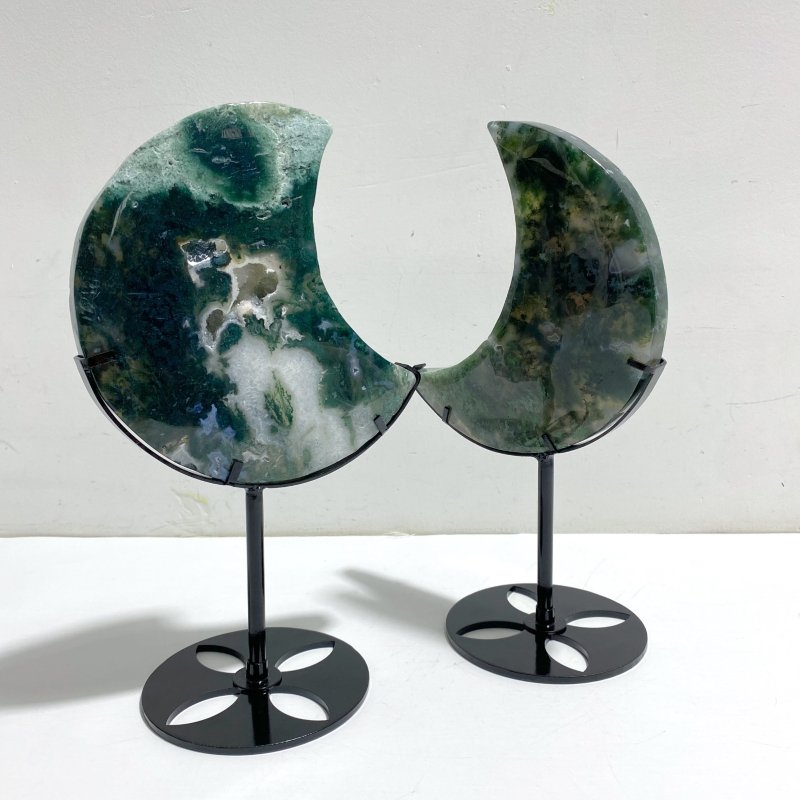 2 Pieces Large Moss Agate Moon Carving With Stand - Wholesale Crystals