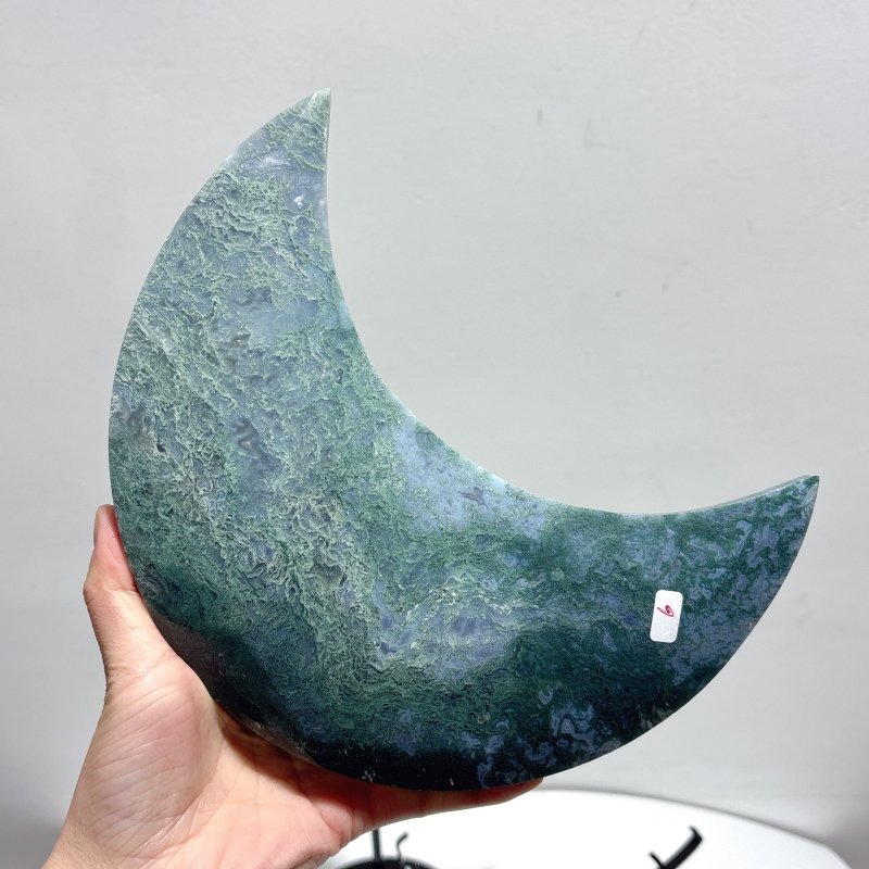 2 Pieces Large Moss Agate Moon Carving With Stand - Wholesale Crystals