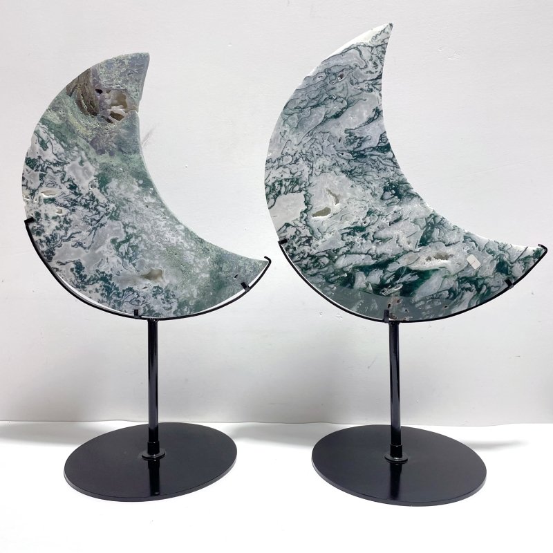 2 Pieces Large Moss Agate Moon With Stand Home Decor - Wholesale Crystals