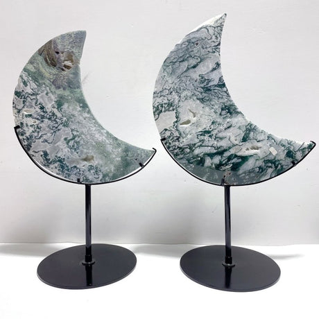 2 Pieces Large Moss Agate Moon With Stand Home Decor - Wholesale Crystals