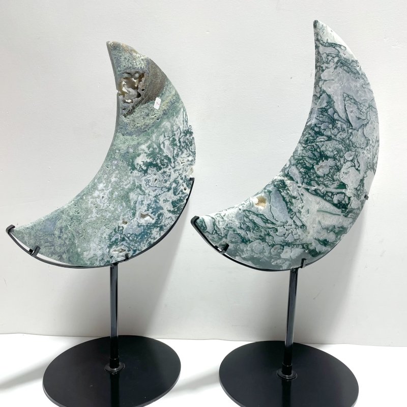 2 Pieces Large Moss Agate Moon With Stand Home Decor - Wholesale Crystals