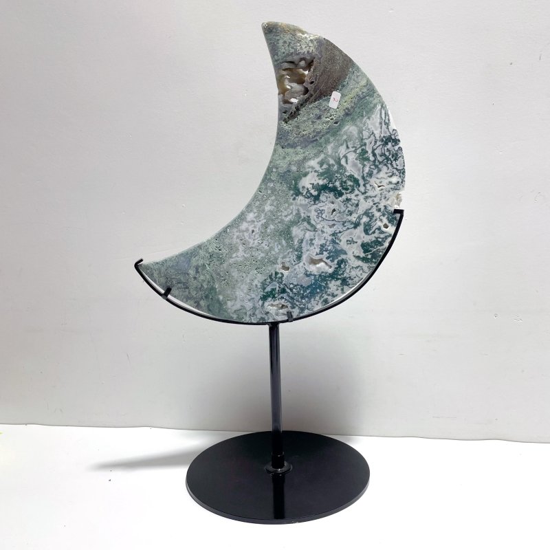 2 Pieces Large Moss Agate Moon With Stand Home Decor - Wholesale Crystals