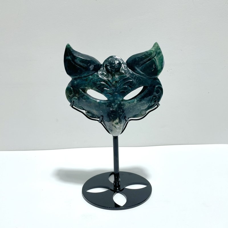2 Pieces Moss Agate Fox Mask Carving With Stand - Wholesale Crystals