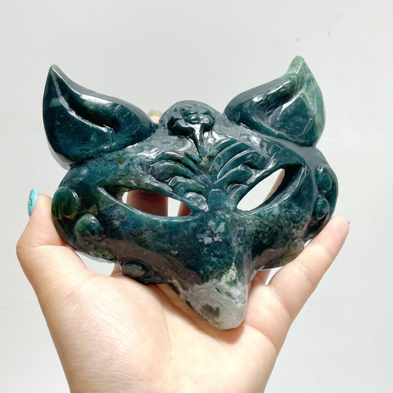 2 Pieces Moss Agate Fox Mask Carving With Stand - Wholesale Crystals