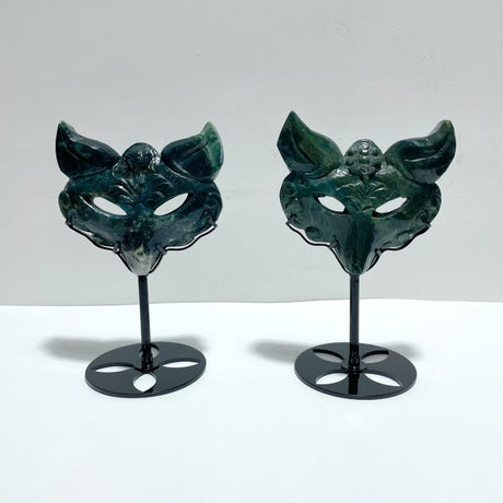 2 Pieces Moss Agate Fox Mask Carving With Stand - Wholesale Crystals