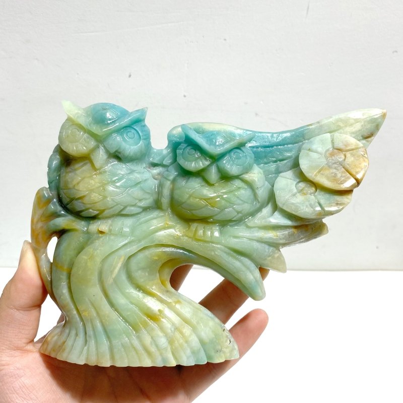 2 Pieces Owl Carving Amazonite Caribbean Calcite - Wholesale Crystals