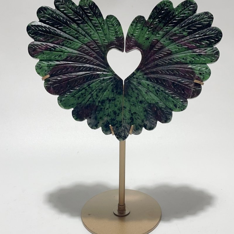 2 Pieces Ruby Zoisite Stone Feather Heart Carving With Stand - Wholesale Crystals