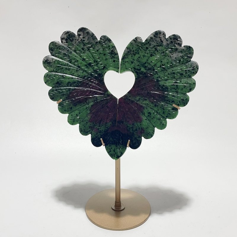 2 Pieces Ruby Zoisite Stone Feather Heart Carving With Stand - Wholesale Crystals