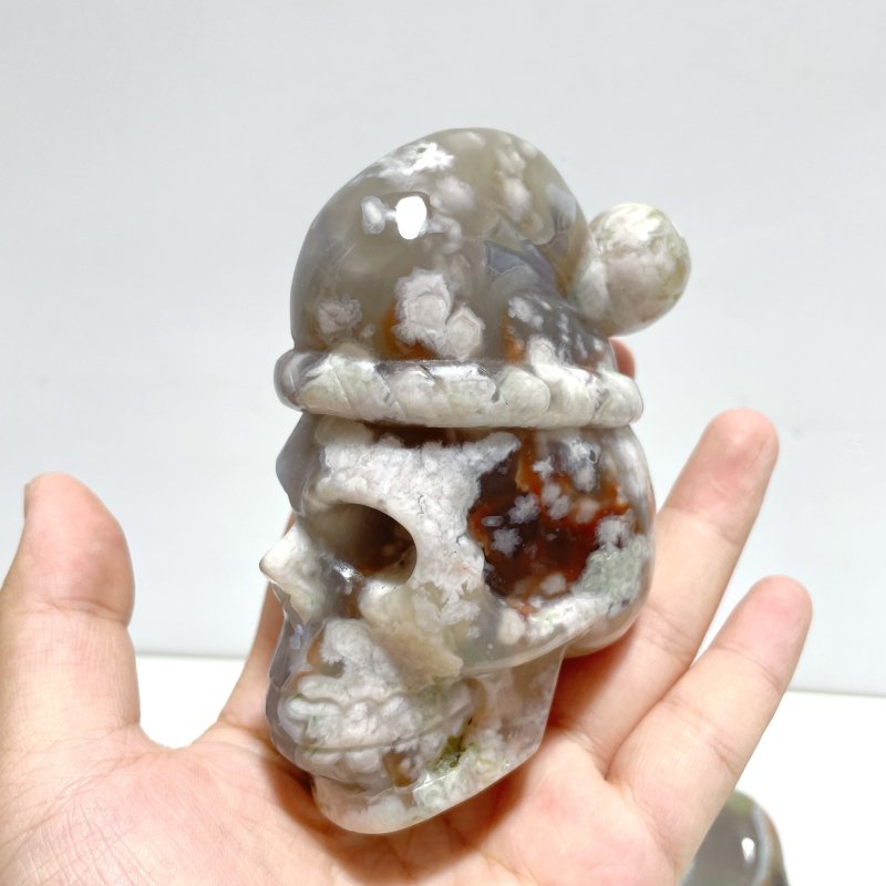 2 Pieces Sakura Flower Agate Christmas Hat Skull Carving - Wholesale Crystals