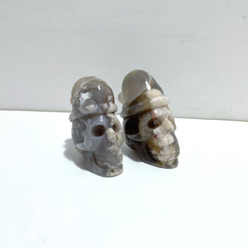 2 Pieces Sakura Flower Agate Christmas Hat Skull Carving - Wholesale Crystals