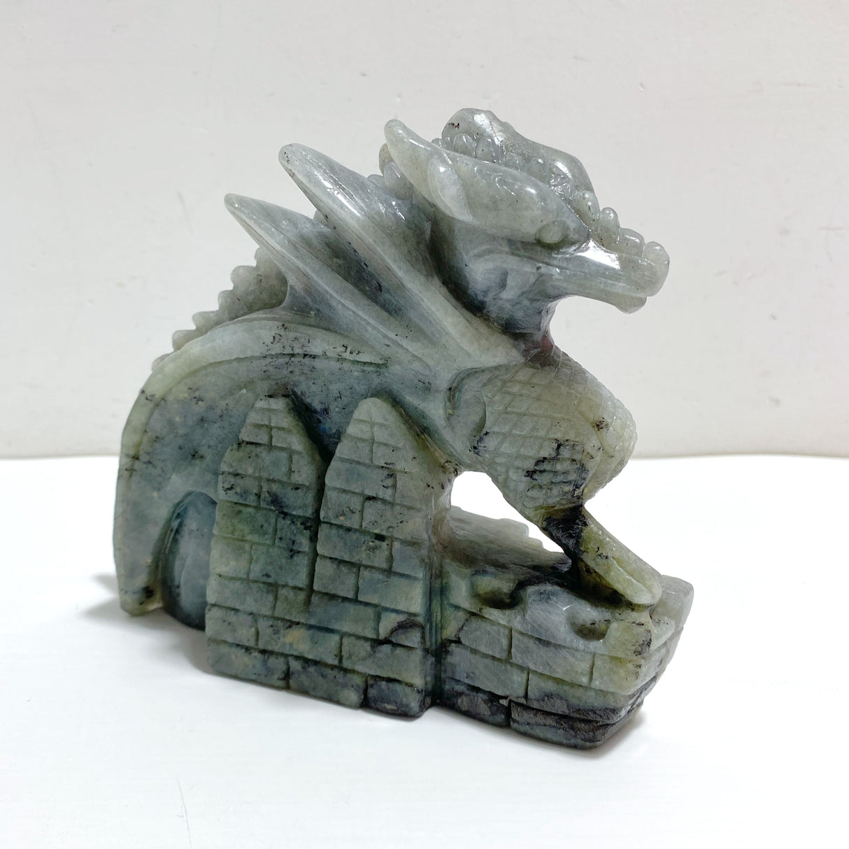 Unique Labradorite Flying Dragon Castle Carving