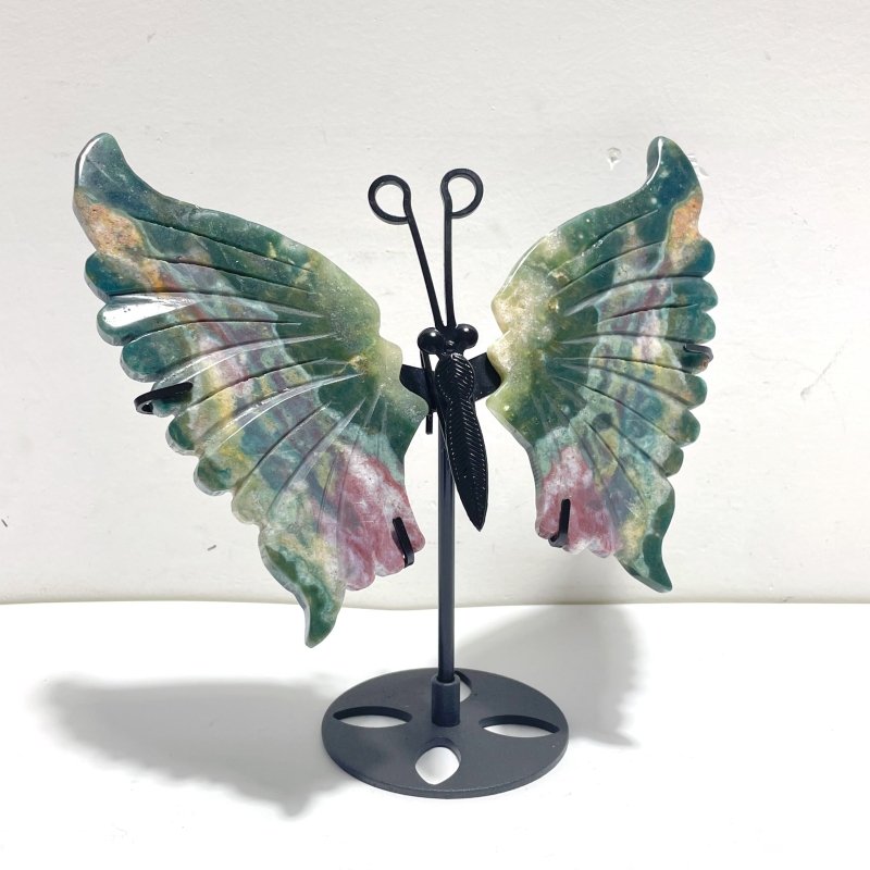3 Pairs 8th Vein Ocean Jasper Butterfly Wing Carving With Stand 1 - Wholesale Crystals