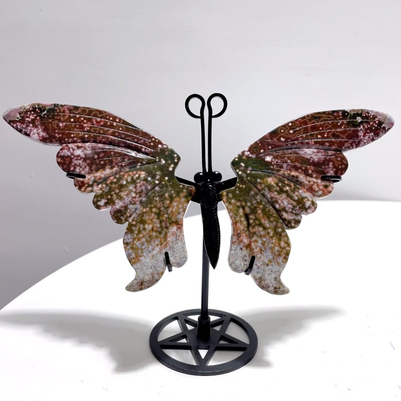 3 Pairs 8th Vein Ocean Jasper Butterfly Wing Carving With Stand 2 - Wholesale Crystals