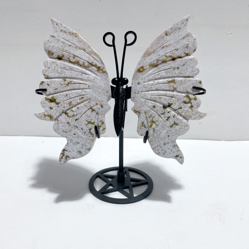 3 Pairs 8th Vein Ocean Jasper Butterfly Wing Carving With Stand #3 - Wholesale Crystals