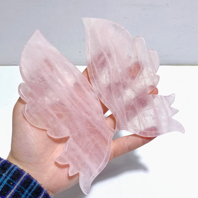 3 Pairs Rose Quartz Butterfly Wing Carving With Stand - Wholesale Crystals