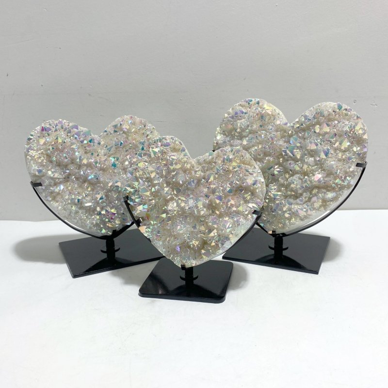 3 Pieces Aura Quartz Cluster Heart With Stand 11 - Wholesale Crystals