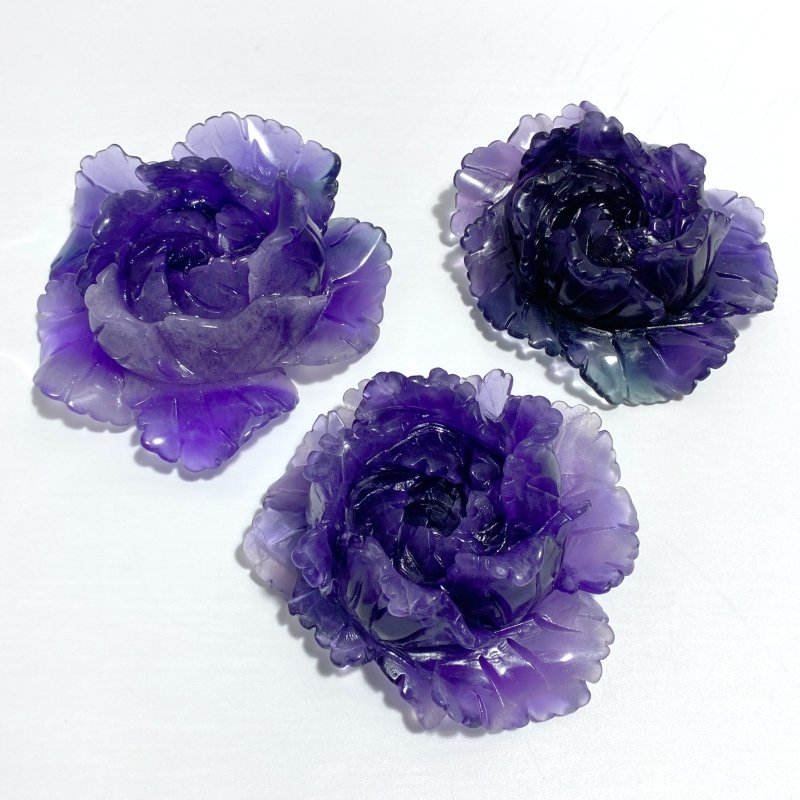 3 Pieces Beautiful Purple Fluorite Flower Carving 5 - Wholesale Crystals