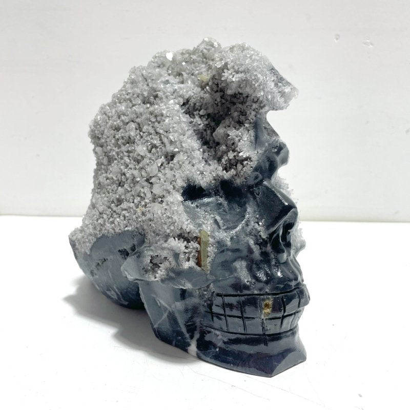 3 Pieces Large Black Clear Quartz Cluster Skull Carving - Wholesale Crystals