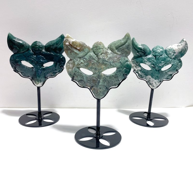 3 Pieces Moss Agate Fox Mask Carving With Stand - Wholesale Crystals