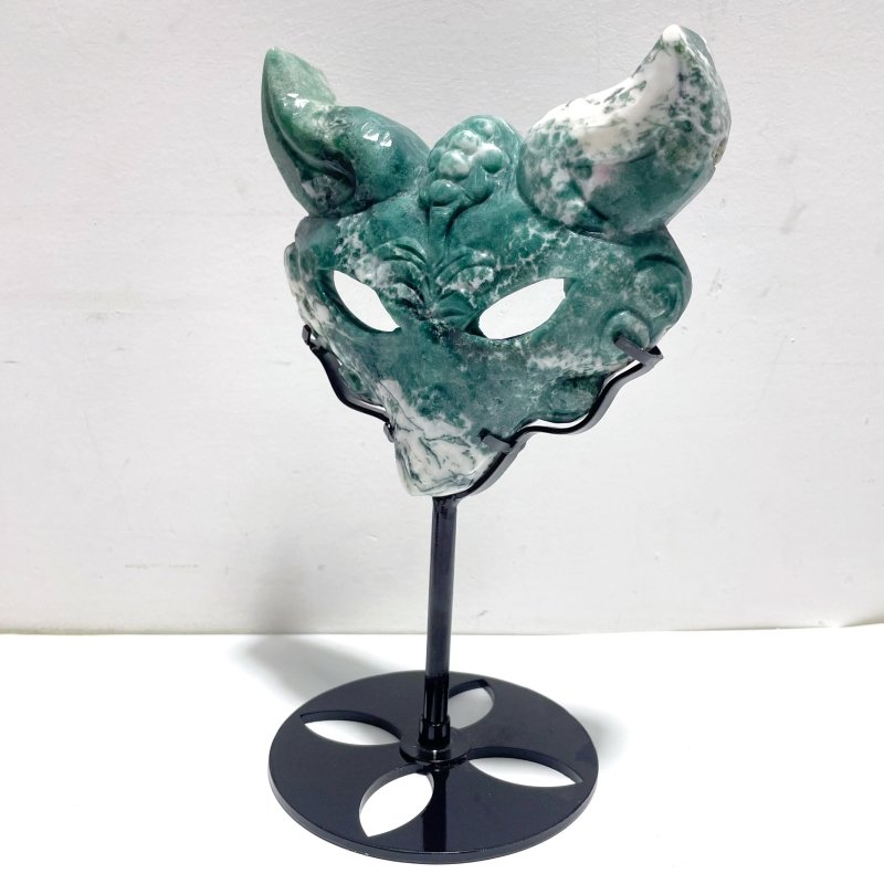 3 Pieces Moss Agate Fox Mask Carving With Stand - Wholesale Crystals