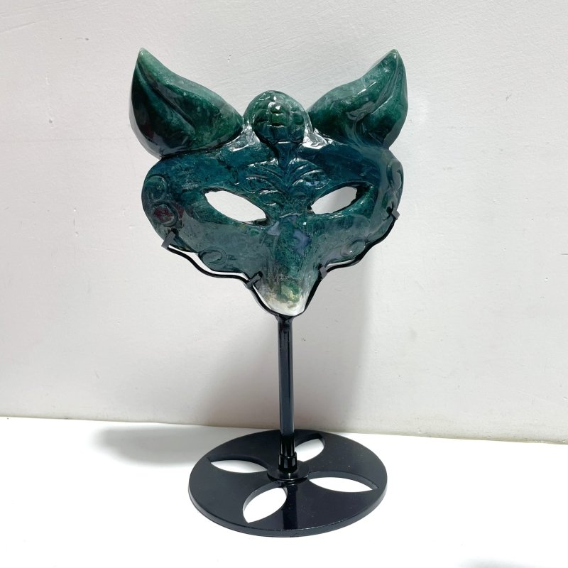 3 Pieces Moss Agate Fox Mask Carving With Stand - Wholesale Crystals
