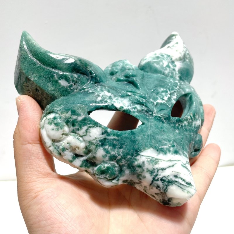 3 Pieces Moss Agate Fox Mask Carving With Stand - Wholesale Crystals