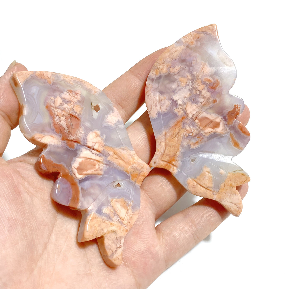 6 Pairs Pink Agate Butterfly Wing Carving With Stand