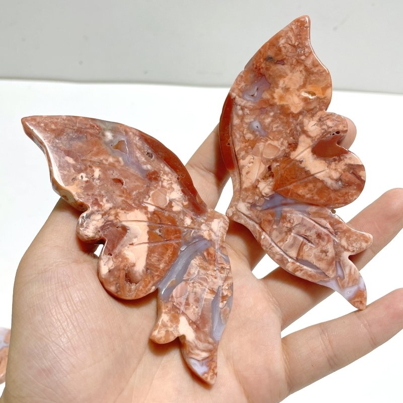 4 Pairs Pink Agate Butterfly Wing Carving With Stand - Wholesale Crystals