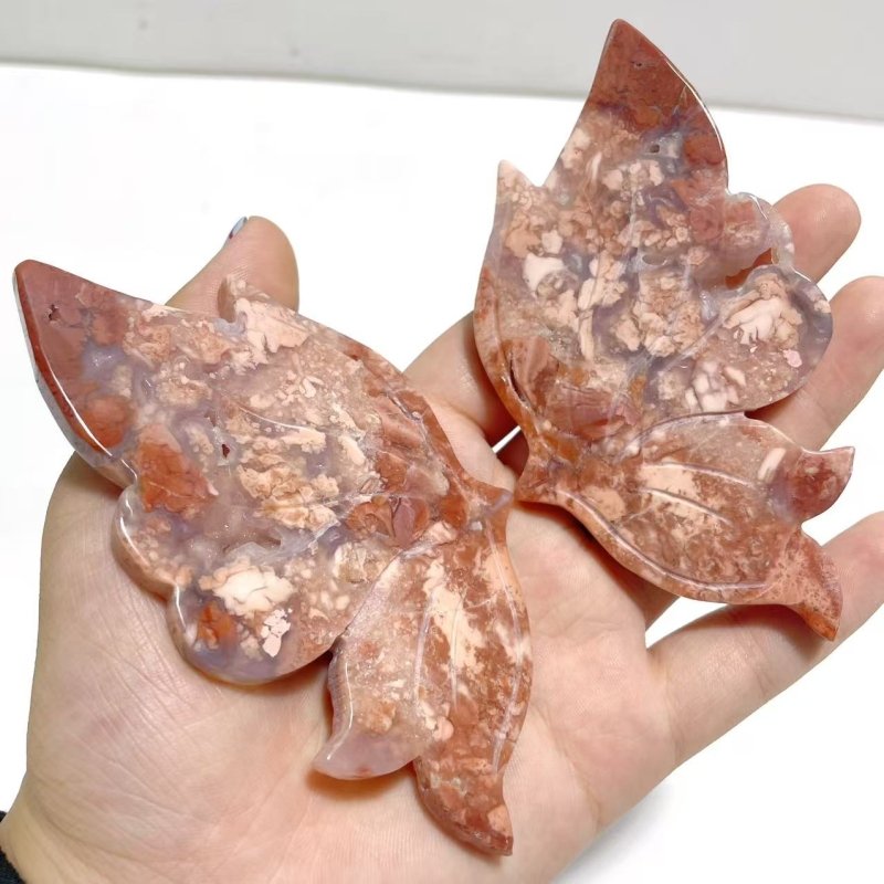 4 Pairs Pink Agate Butterfly Wing Carving With Stand - Wholesale Crystals