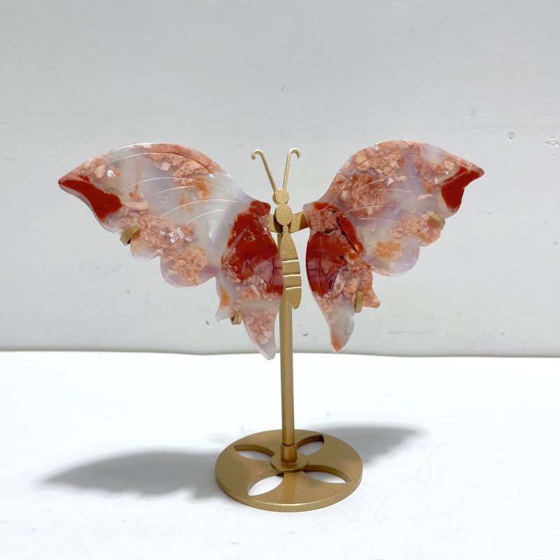 4 Pairs Pink Agate Butterfly Wing Carving With Stand - Wholesale Crystals