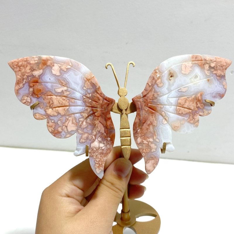 4 Pairs Pink Agate Butterfly Wing Carving With Stand - Wholesale Crystals