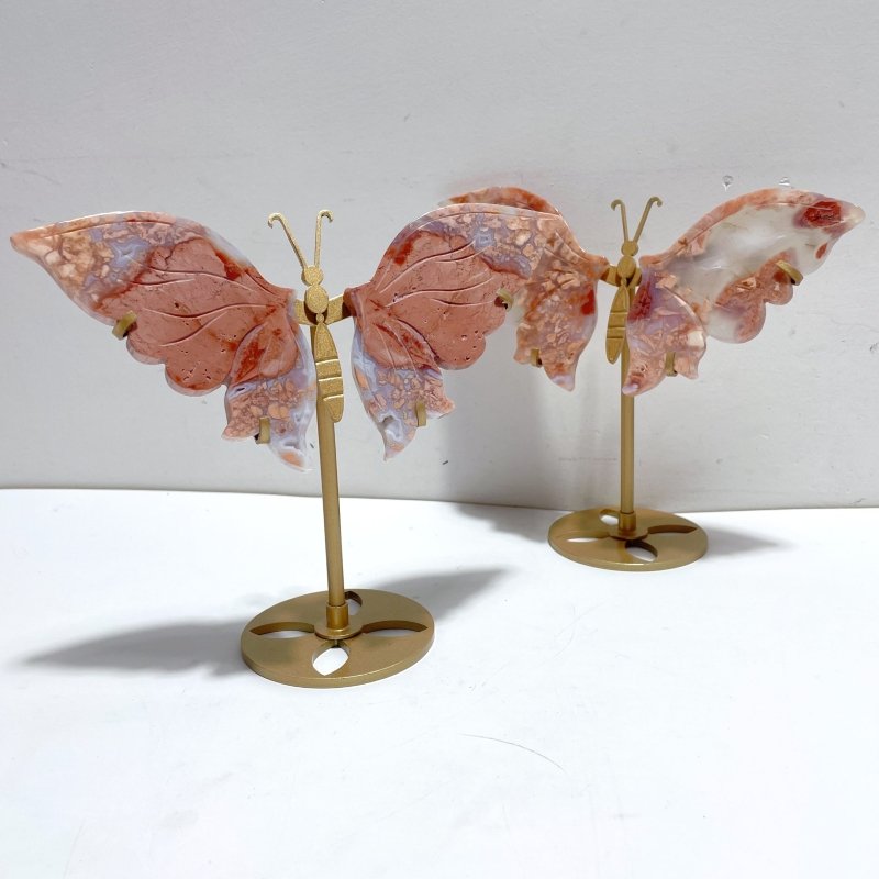4 Pairs Pink Agate Butterfly Wing Carving With Stand - Wholesale Crystals