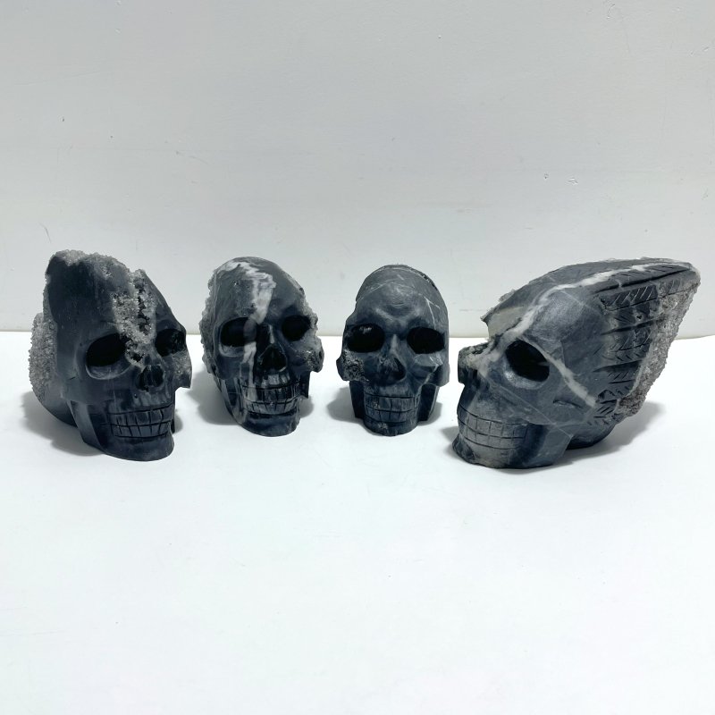 4 Pieces Black Clear Quartz Cluster Skull Carving - Wholesale Crystals