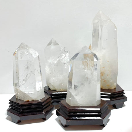 4 Pieces Large Clear Quartz Tower Raw Bottom With Stand - Wholesale Crystals