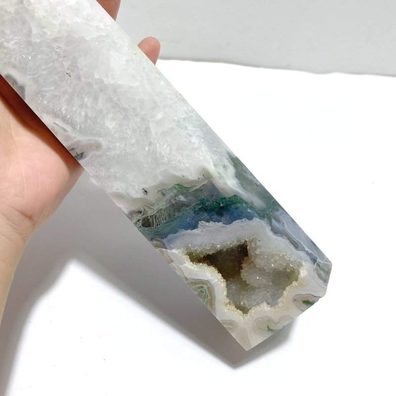 4 Pieces Tall Geode Druzy White Moss Agate Tower Points - Wholesale Crystals