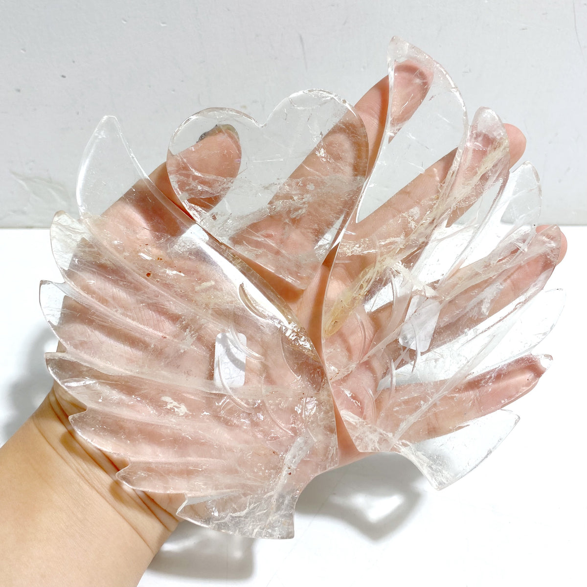 Unique Clear Quartz Heart Wing Carving With Stand
