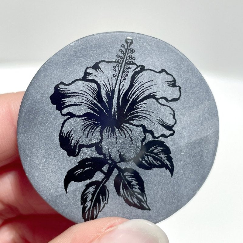 4cm Black Obsidian Hawaiian Flowers Engraved Round Slices DIY Wholesale - Wholesale Crystals