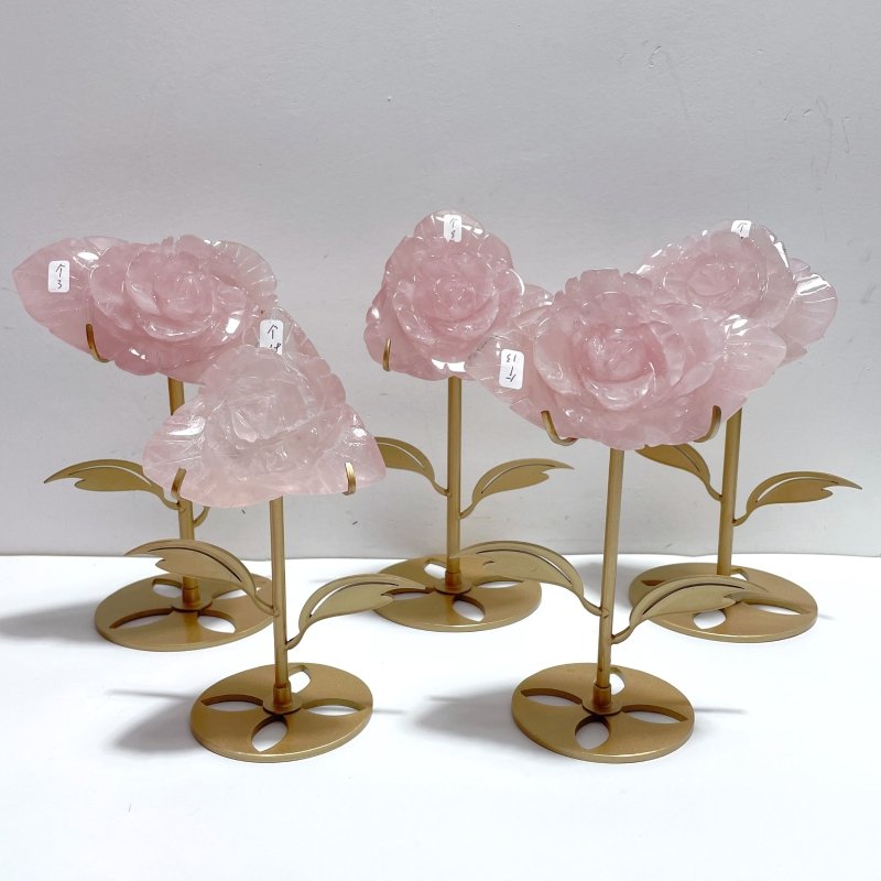 5 Pairs Beautiful Rose Quartz Flower Carving With Stand - Wholesale Crystals